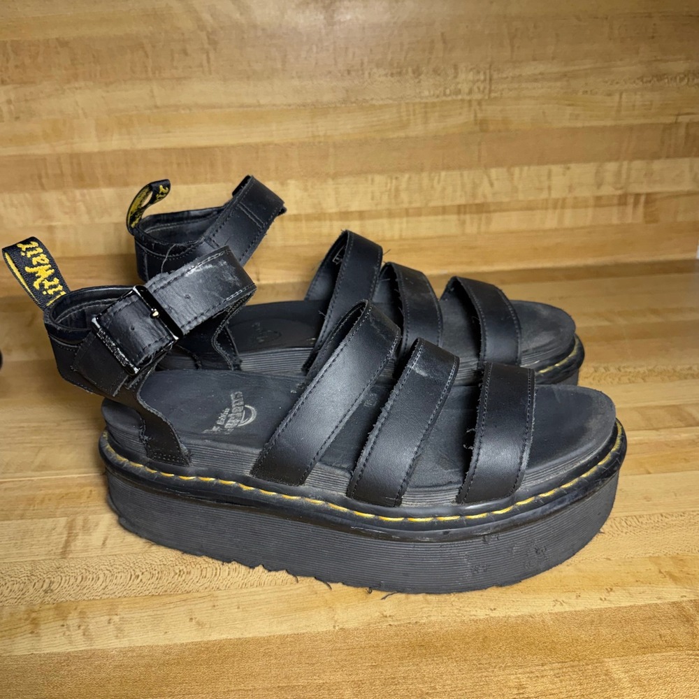 Dr. Martens Blaire Quad Platform Sandals Black Leather Womens 10 Strappy Chunky